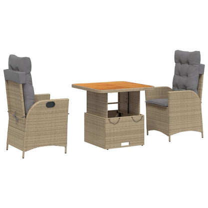 Set da Pranzo da Giardino 3 pz con Cuscini Beige in Polyrattan