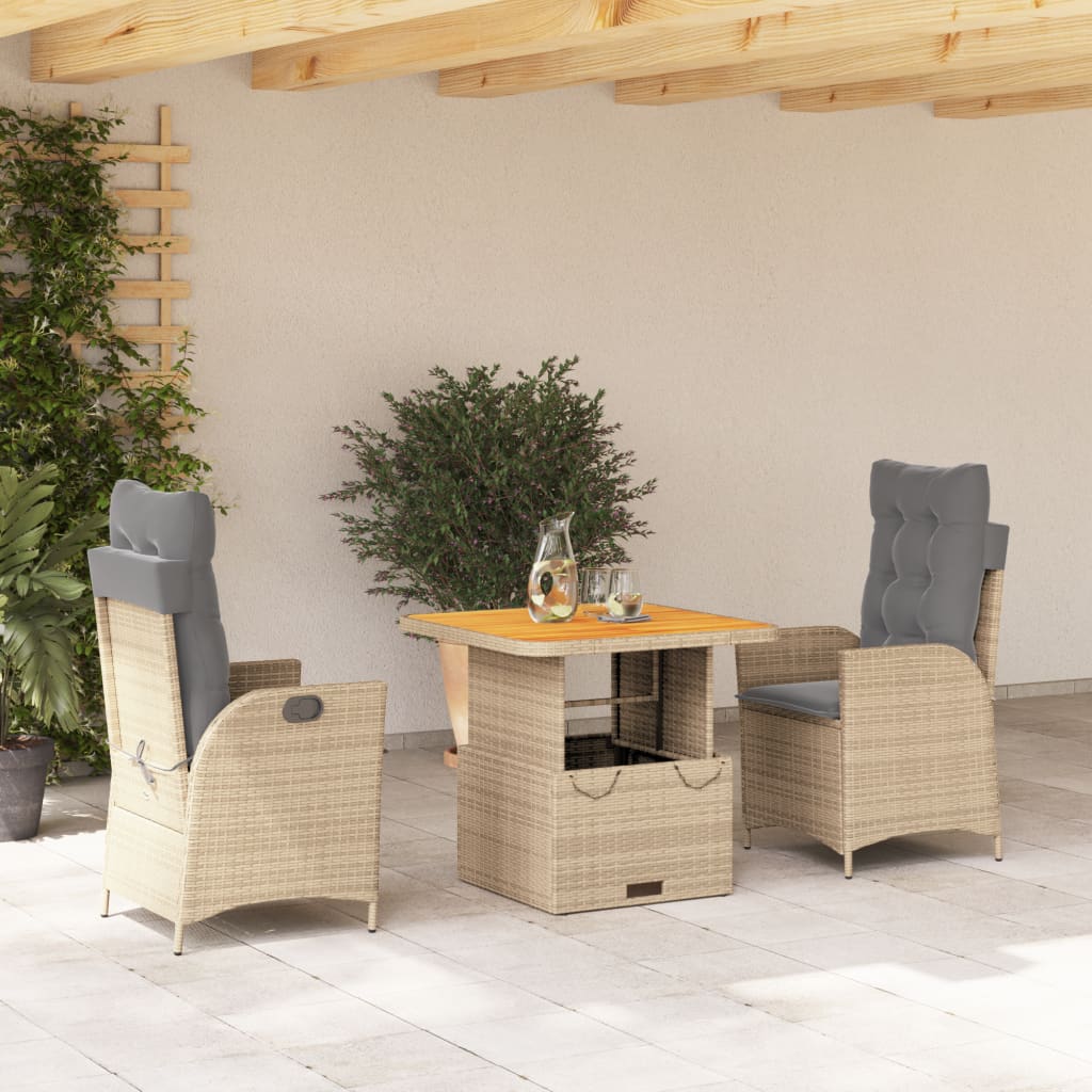 Set da Pranzo da Giardino 3 pz con Cuscini Beige in Polyrattan