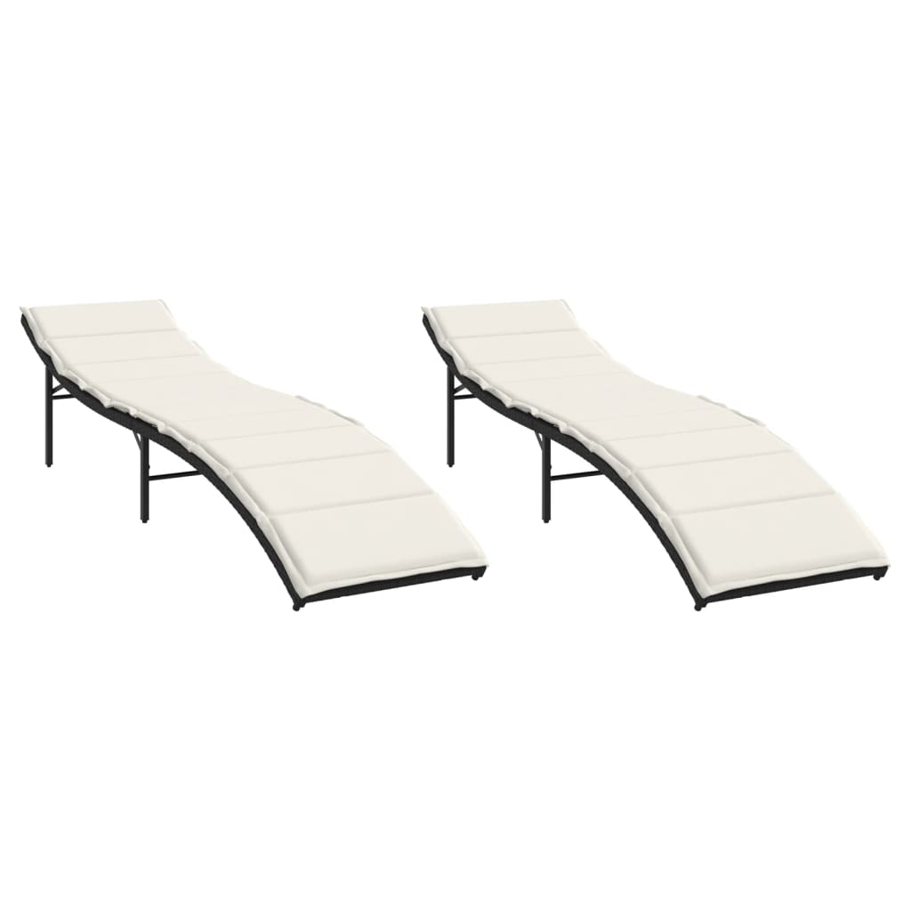 2 pcs Sun Loungers with Black Polyrattan Cushions