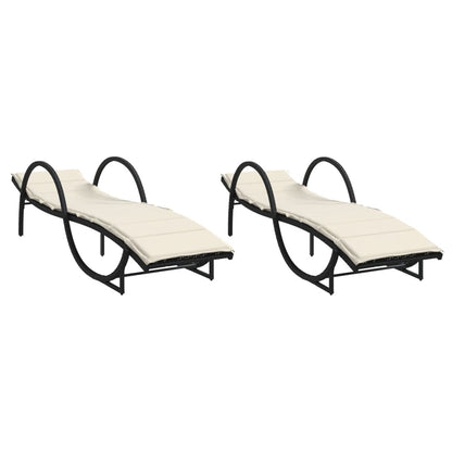 2 pcs Sun Loungers with Black Polyrattan Cushions