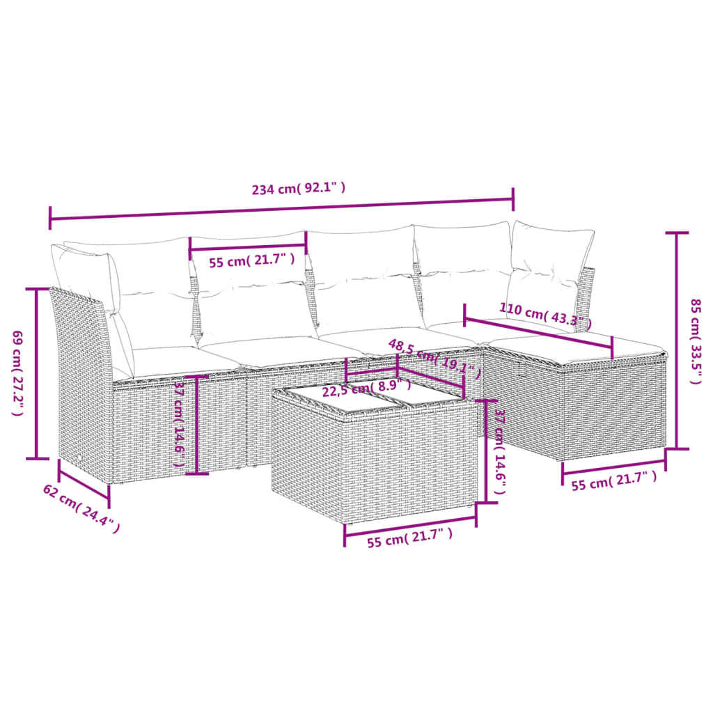 Set Divano da Giardino 6 pz con Cuscini Nero in Polyrattan