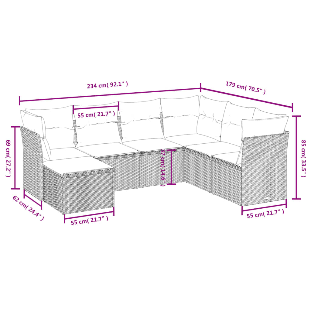 Set Divani da Giardino 7 pz con Cuscini Grigio in Polyrattan