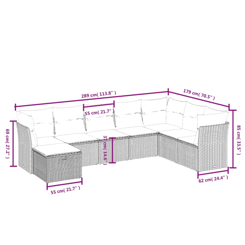 Set Divano da Giardino 8 pz con Cuscini Beige in Polyrattan