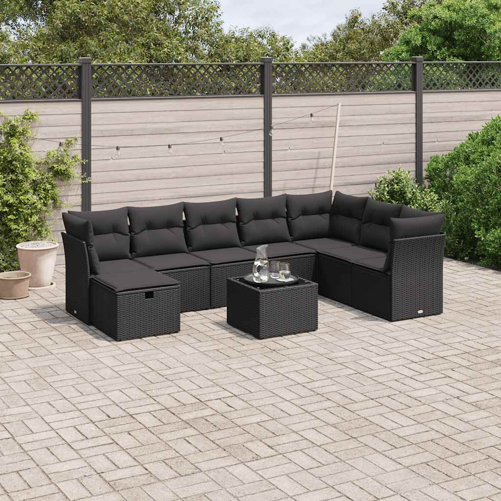 Set Divani da Giardino 9 pz con Cuscini Nero in Polyrattan | homemem39