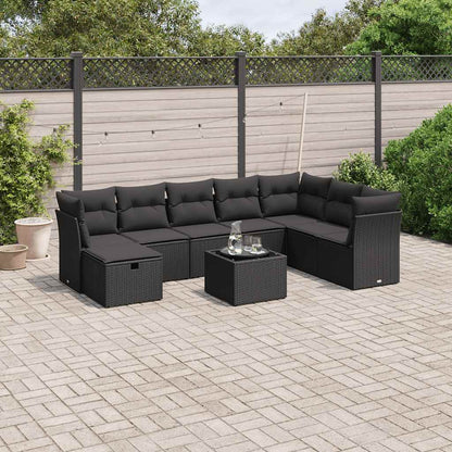 Set Divani da Giardino 9 pz con Cuscini Nero in Polyrattan | homemem39