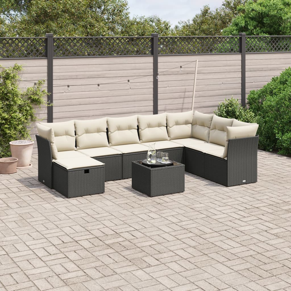 Set Divani da Giardino 9 pz con Cuscini Nero in Polyrattan - homemem39