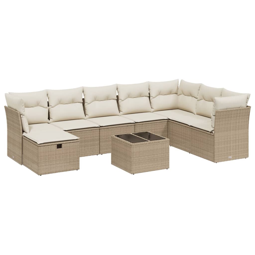 Set Divano da Giardino 9 pz con Cuscini Beige in Polyrattan
