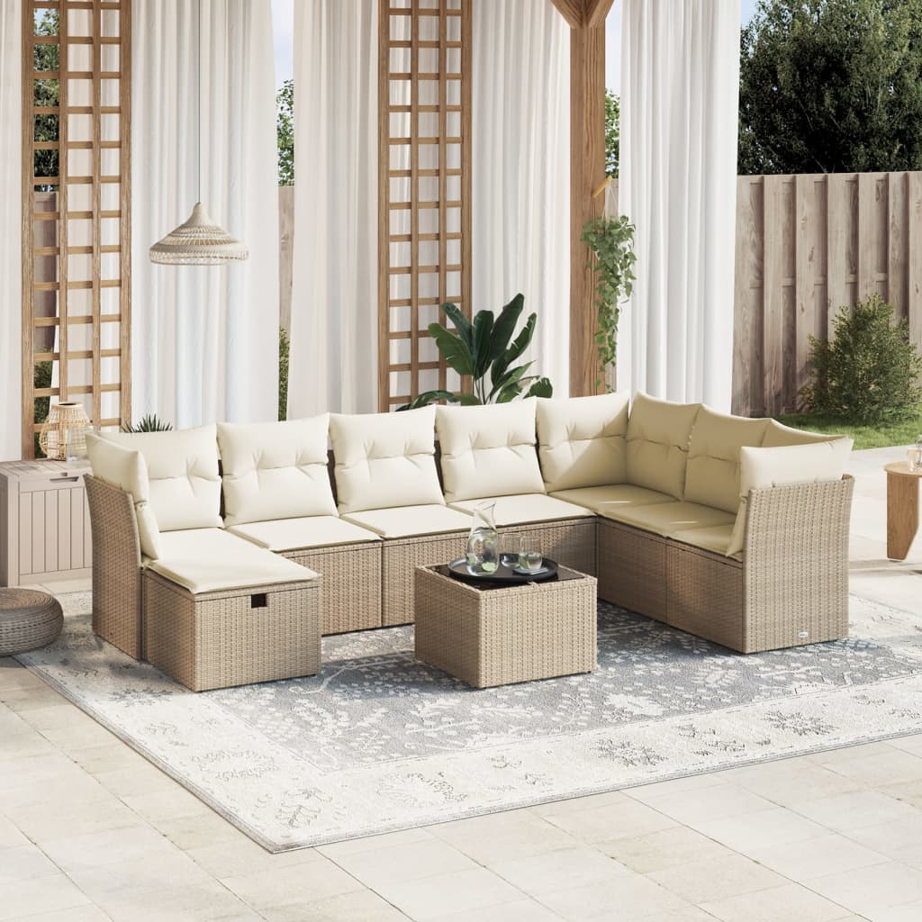 Set Divano da Giardino 9 pz con Cuscini Beige in Polyrattan - homemem39