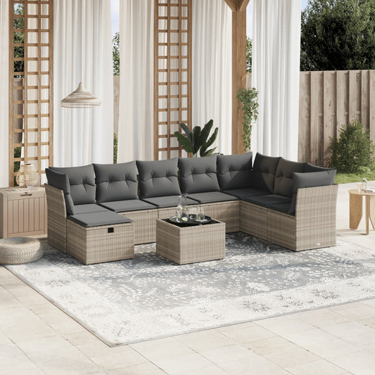 Set Divano da Giardino 9pz con Cuscini Grigio Chiaro Polyrattan - homemem39