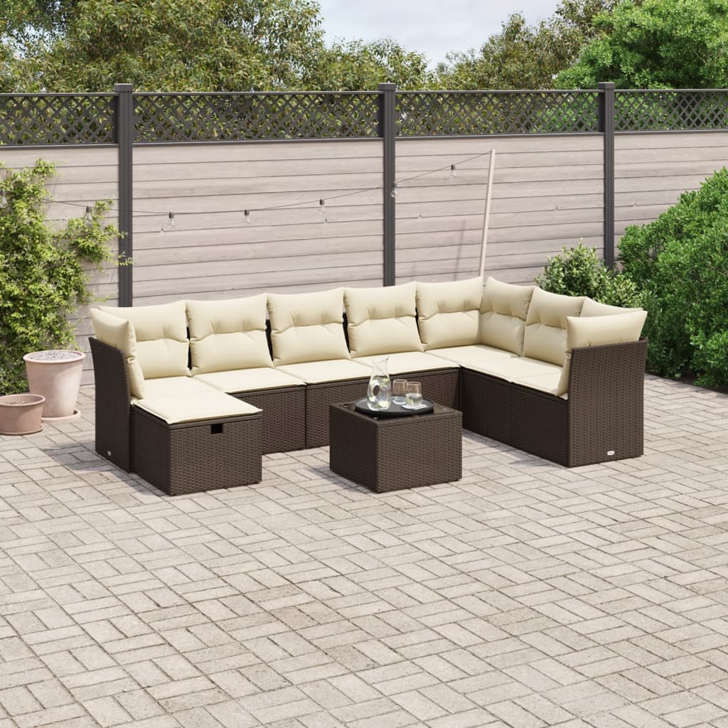 Set Divani da Giardino 9pz con Cuscini Marrone in Polyrattan - homemem39