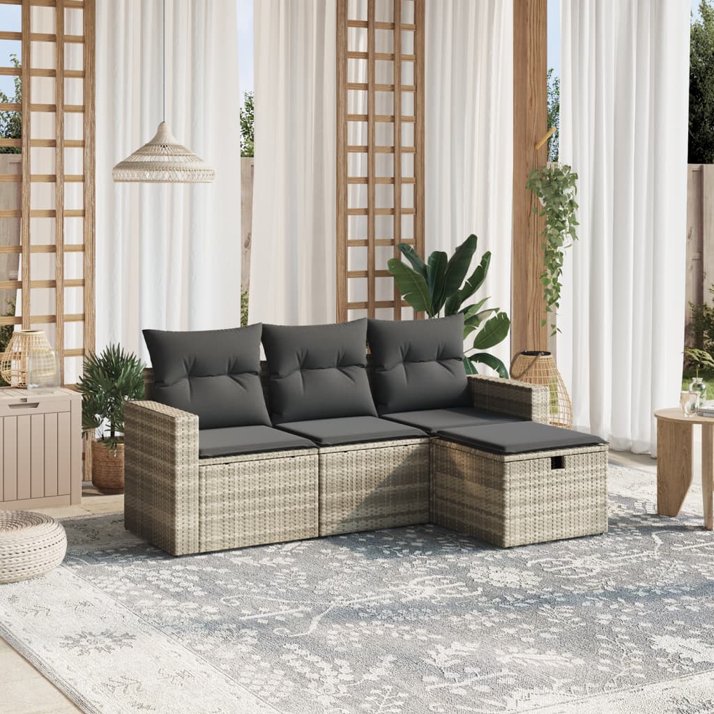 Set Divano da Giardino 4pz con Cuscini Grigio Chiaro Polyrattan - homemem39