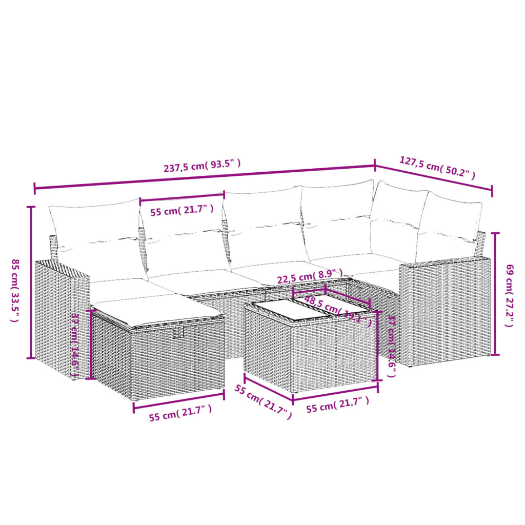 Set Divani da Giardino con Cuscini 7pz Nero Polyrattan