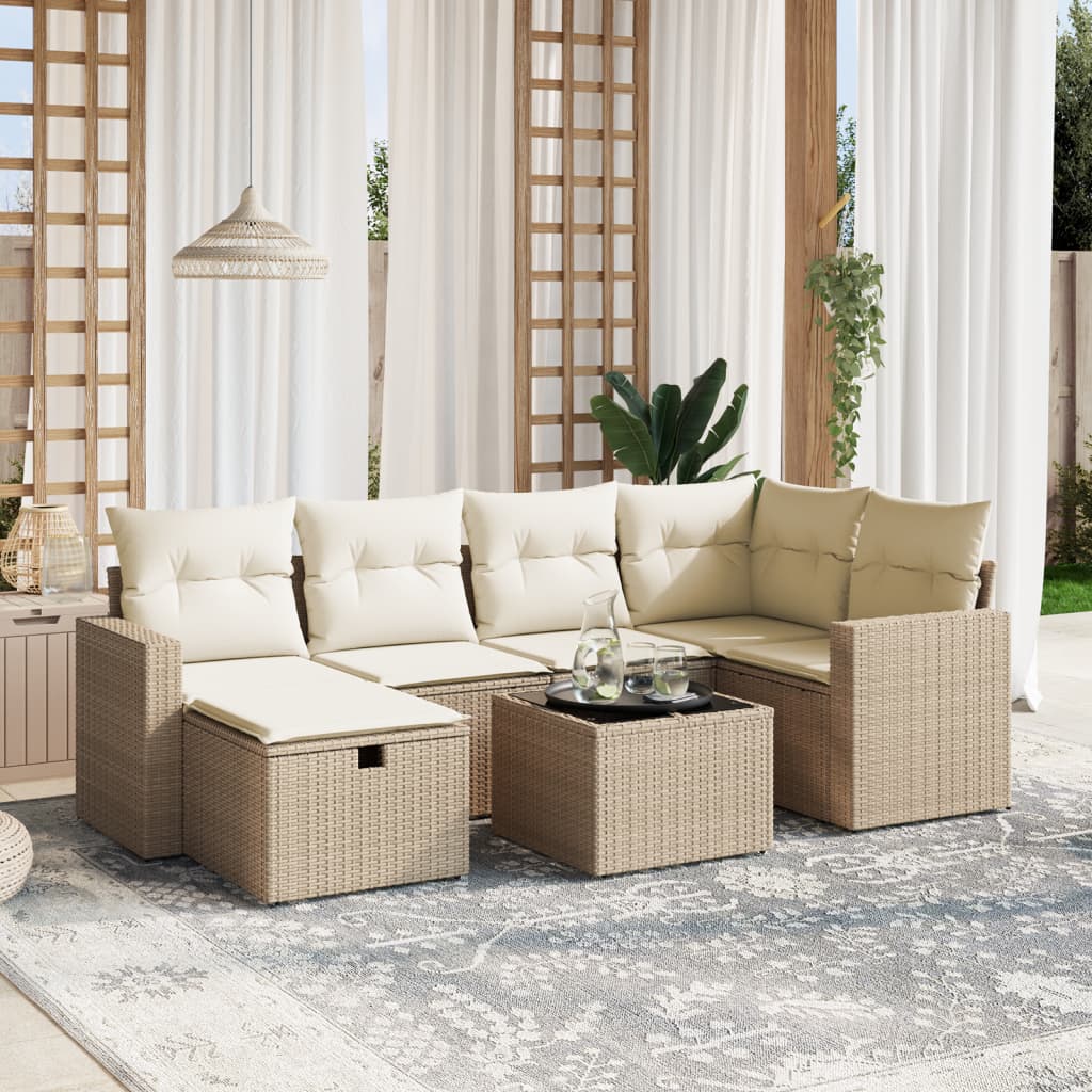 Set Divani da Giardino 7 pz con Cuscini Beige in Polyrattan - homemem39