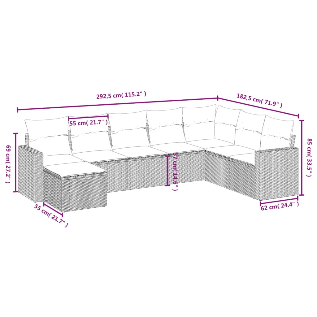 Set Divano da Giardino 8pz con Cuscini Grigio Chiaro Polyrattan