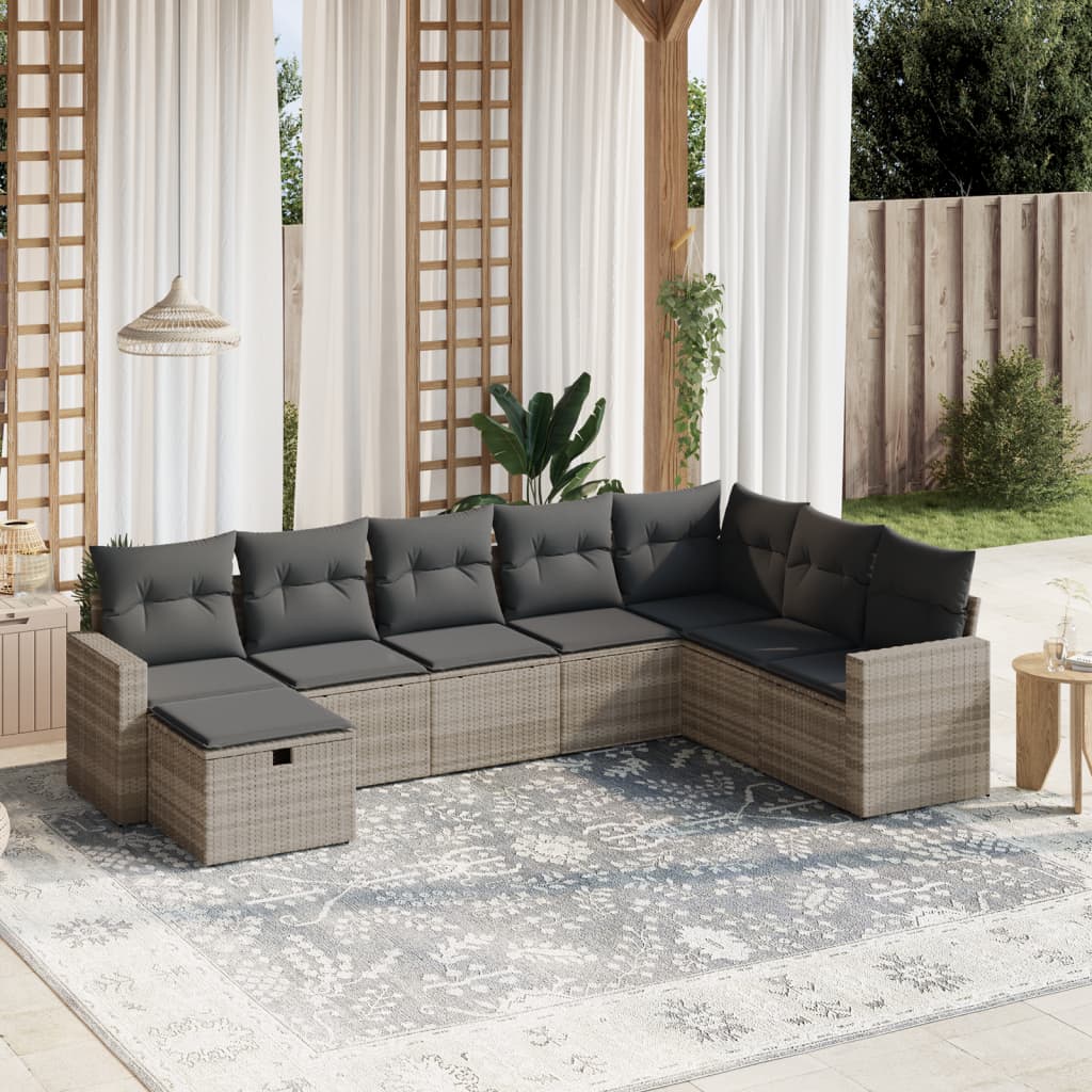 Set Divano da Giardino 8pz con Cuscini Grigio Chiaro Polyrattan