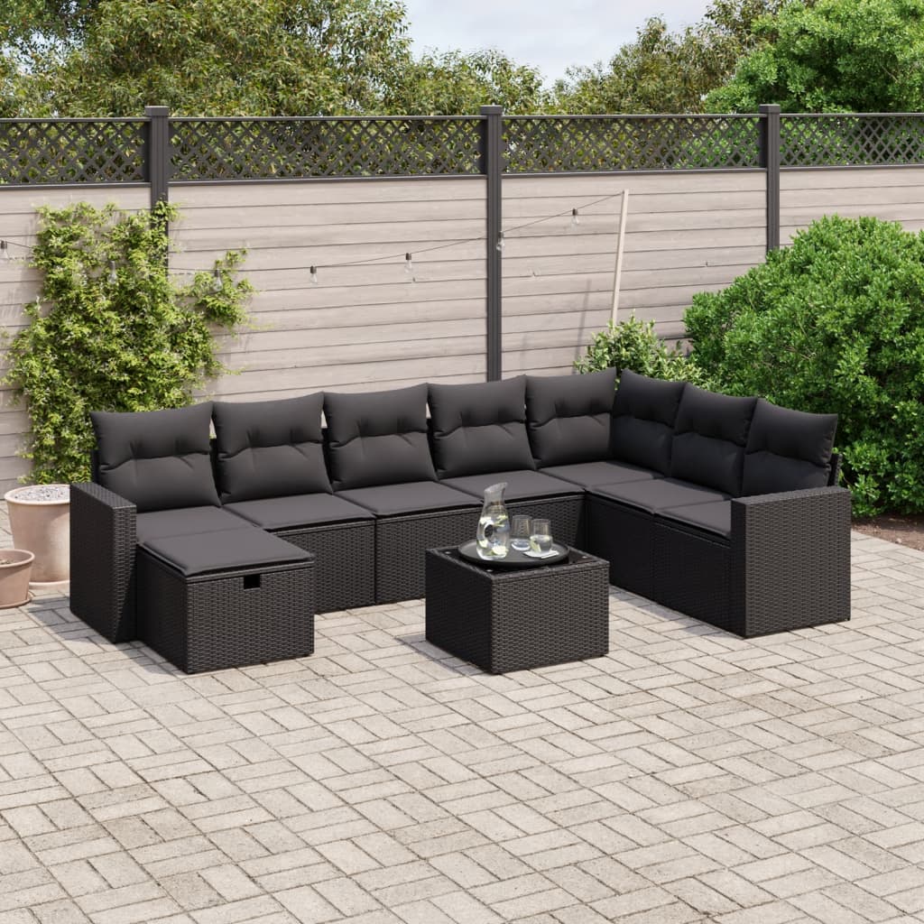 Set Divani da Giardino 9 pz con Cuscini Nero in Polyrattan | homemem39