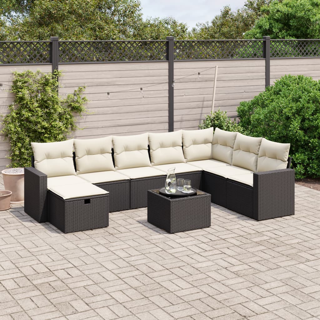 Set Divani da Giardino 9 pz con Cuscini Nero in Polyrattan - homemem39
