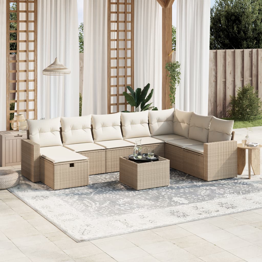 Set Divano da Giardino 9 pz con Cuscini Beige in Polyrattan