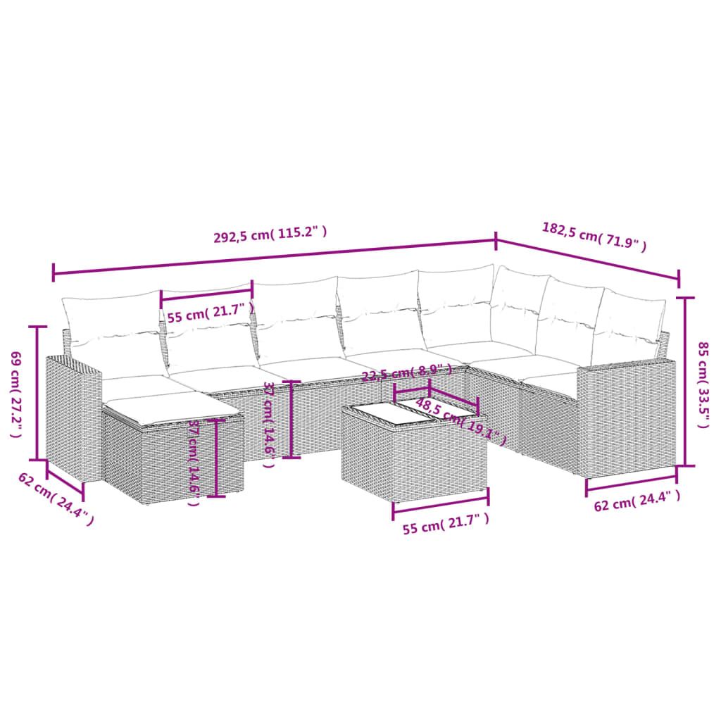 Set Divano da Giardino 9pz con Cuscini Grigio Chiaro Polyrattan