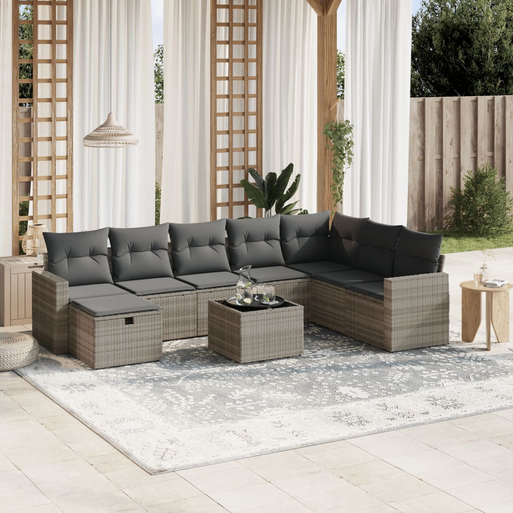 Set Divano da Giardino 9pz con Cuscini Grigio Chiaro Polyrattan