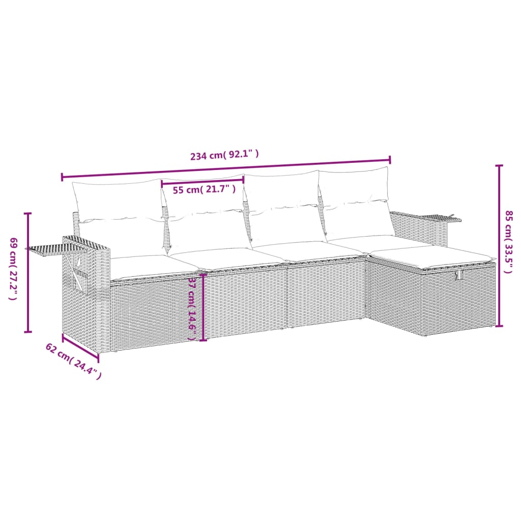 Set Divani da Giardino 5 pz con Cuscini Marrone in Polyrattan | homemem39
