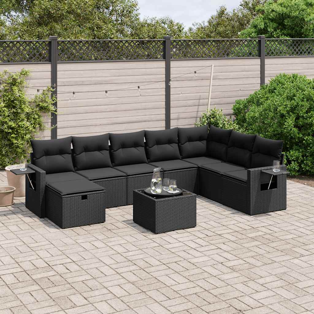 Set Divani da Giardino 9 pz con Cuscini Nero in Polyrattan | homemem39