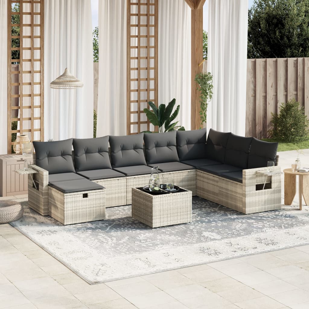 Set Divano da Giardino 9pz con Cuscini Grigio Chiaro Polyrattan | homemem39