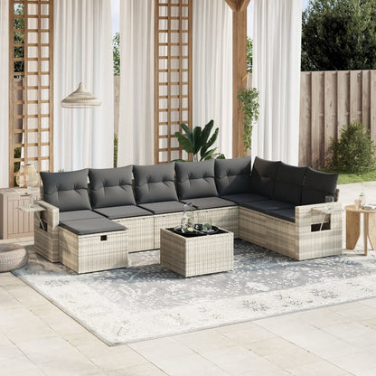 Set Divano da Giardino 9pz con Cuscini Grigio Chiaro Polyrattan | homemem39