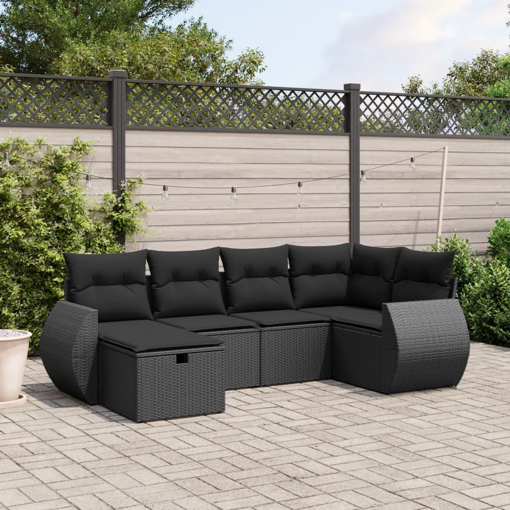 6-teiliges Gartensofa-Set mit schwarzen Polyrattan-Kissen