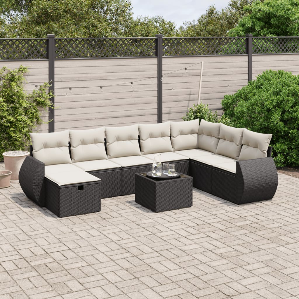 Set Divani da Giardino 9 pz con Cuscini Nero in Polyrattan