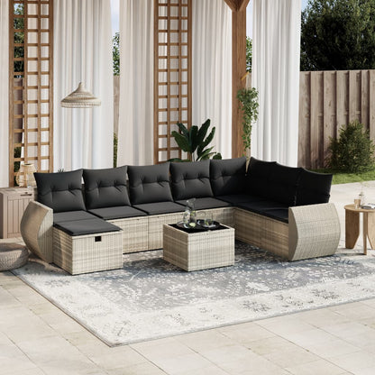 Set Divano da Giardino 9pz con Cuscini Grigio Chiaro Polyrattan