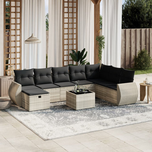 Set Divano da Giardino 9pz con Cuscini Grigio Chiaro Polyrattan