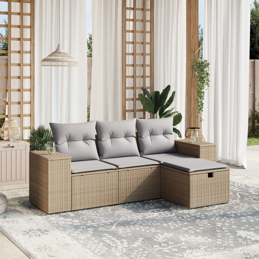 Set Divano da Giardino 4 pz con Cuscini Beige Misto Polyrattan