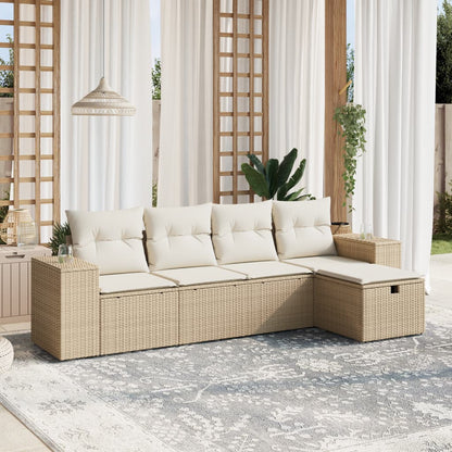 Set Divano da Giardino 5 pz con Cuscini Beige in Polyrattan