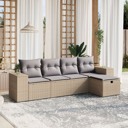 Set Divano da Giardino 5 pz con Cuscini Beige Misto Polyrattan