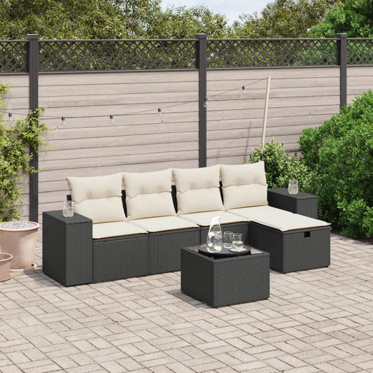 Set Divano da Giardino 6 pz con Cuscini Nero in Polyrattan