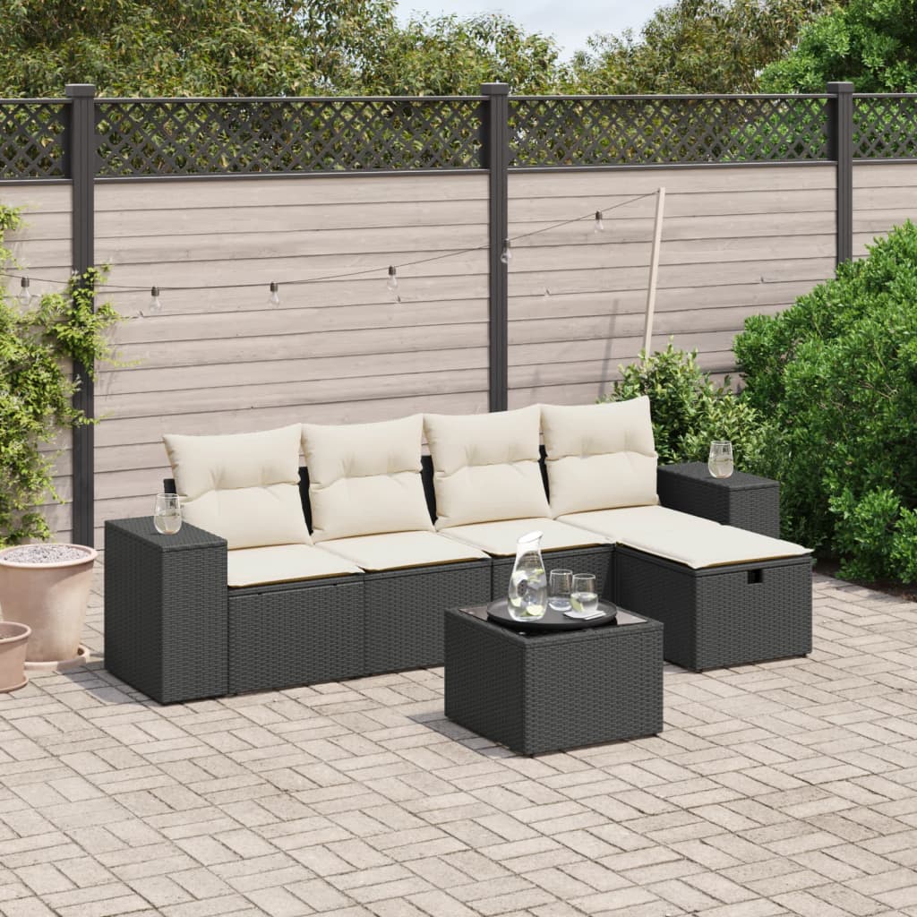 Set Divano da Giardino 6 pz con Cuscini Nero in Polyrattan - homemem39