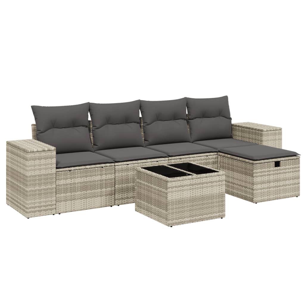 Set Divano da Giardino 6pz con Cuscini Grigio Chiaro Polyrattan