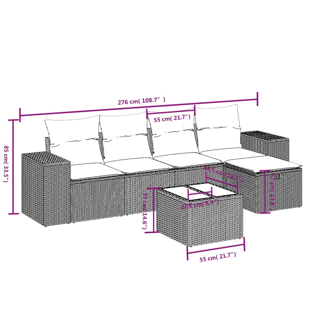 Set Divano da Giardino 6pz con Cuscini Grigio Chiaro Polyrattan