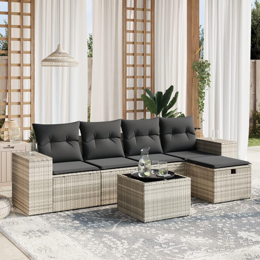 Set Divano da Giardino 6pz con Cuscini Grigio Chiaro Polyrattan