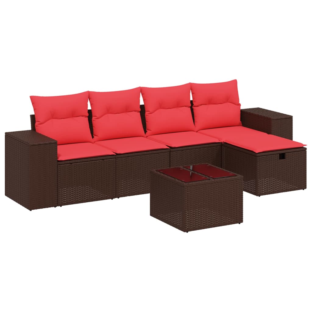 Set Divani da Giardino 6 pz con Cuscini Marrone in Polyrattan