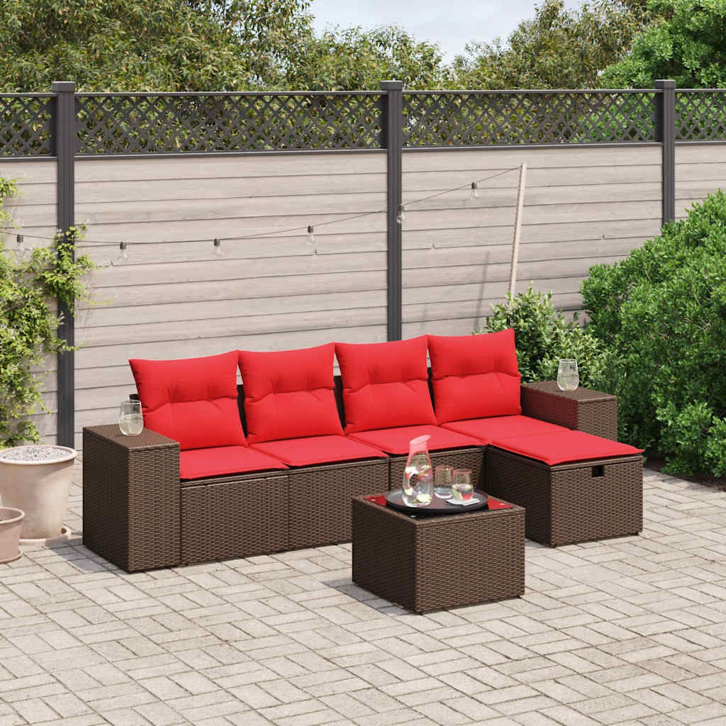 Set Divani da Giardino 6 pz con Cuscini Marrone in Polyrattan