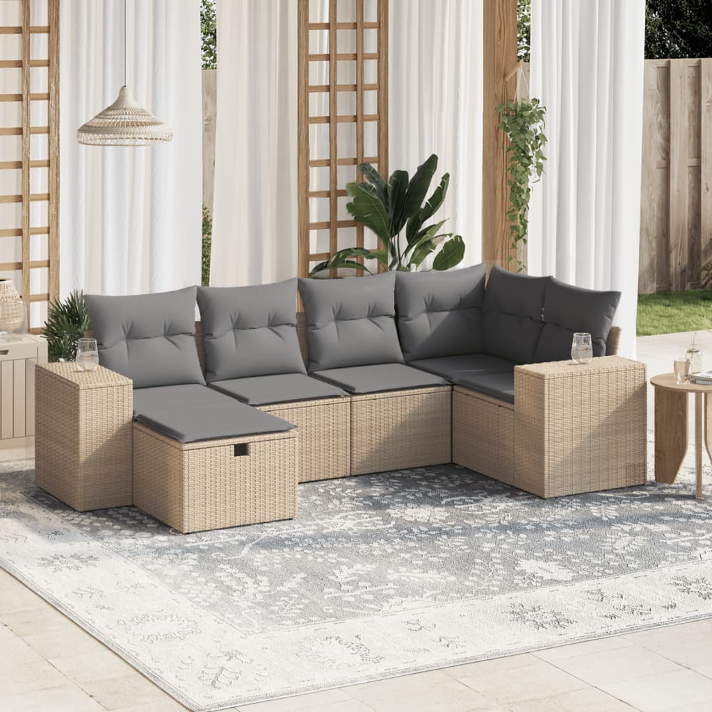 Set Divano da Giardino 6 pz con Cuscini Beige Misto Polyrattan