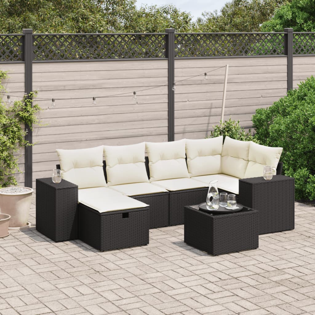 Set Divani da Giardino con Cuscini 7pz Nero Polyrattan