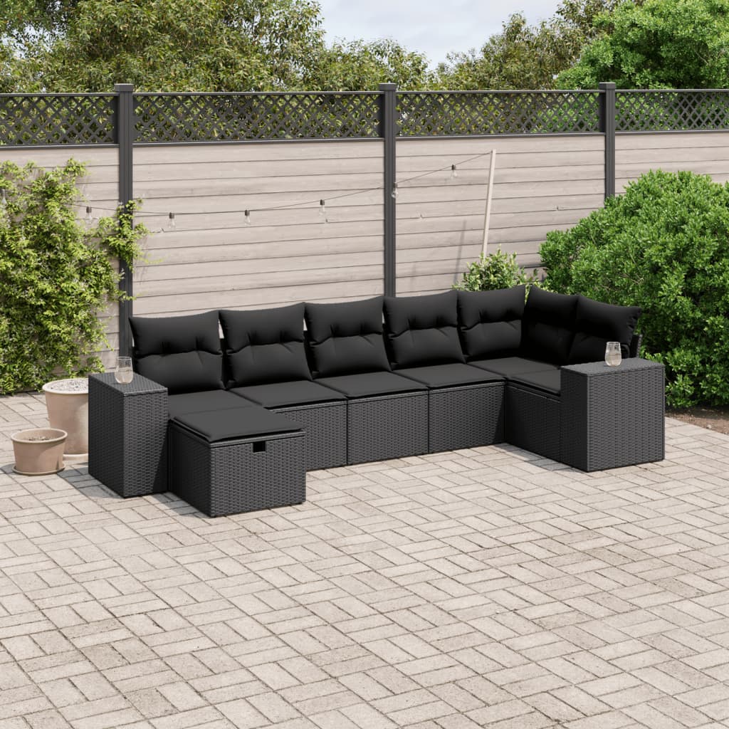 Set Divani da Giardino con Cuscini 7pz Nero Polyrattan