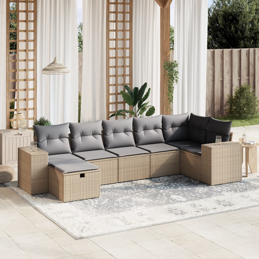 Set Divano da Giardino 7 pz con Cuscini Beige Misto Polyrattan