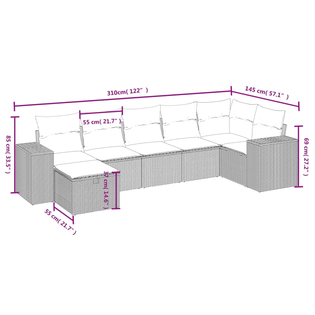 Set Divani da Giardino 7 pz con Cuscini Grigio in Polyrattan