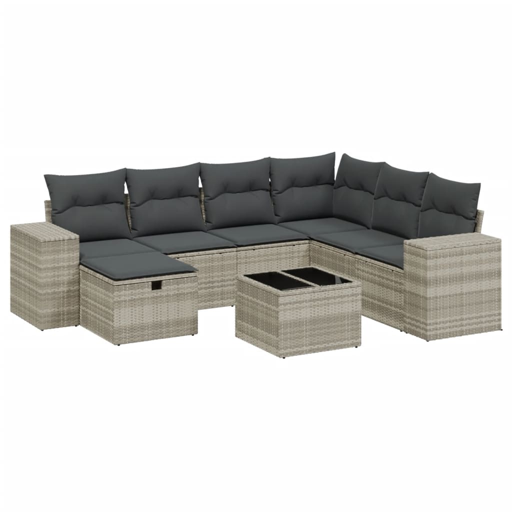 Set Divano da Giardino 8pz con Cuscini Grigio Chiaro Polyrattan