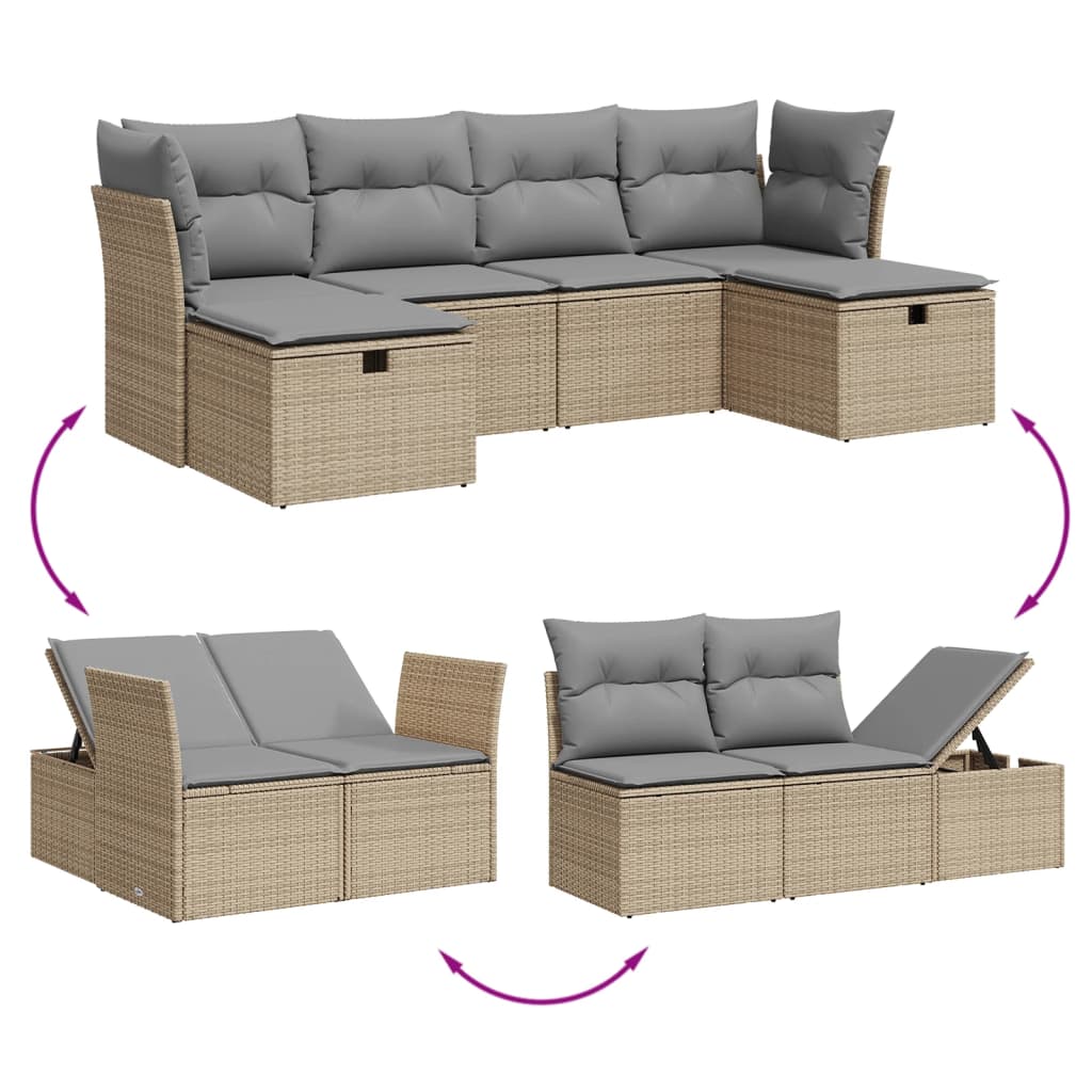 Set Divano da Giardino 6 pz con Cuscini Beige Misto Polyrattan