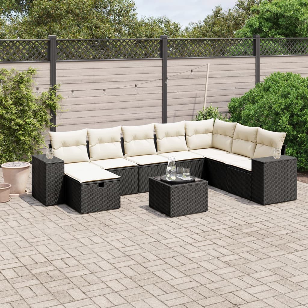 Set Divani da Giardino 9 pz con Cuscini Nero in Polyrattan - homemem39